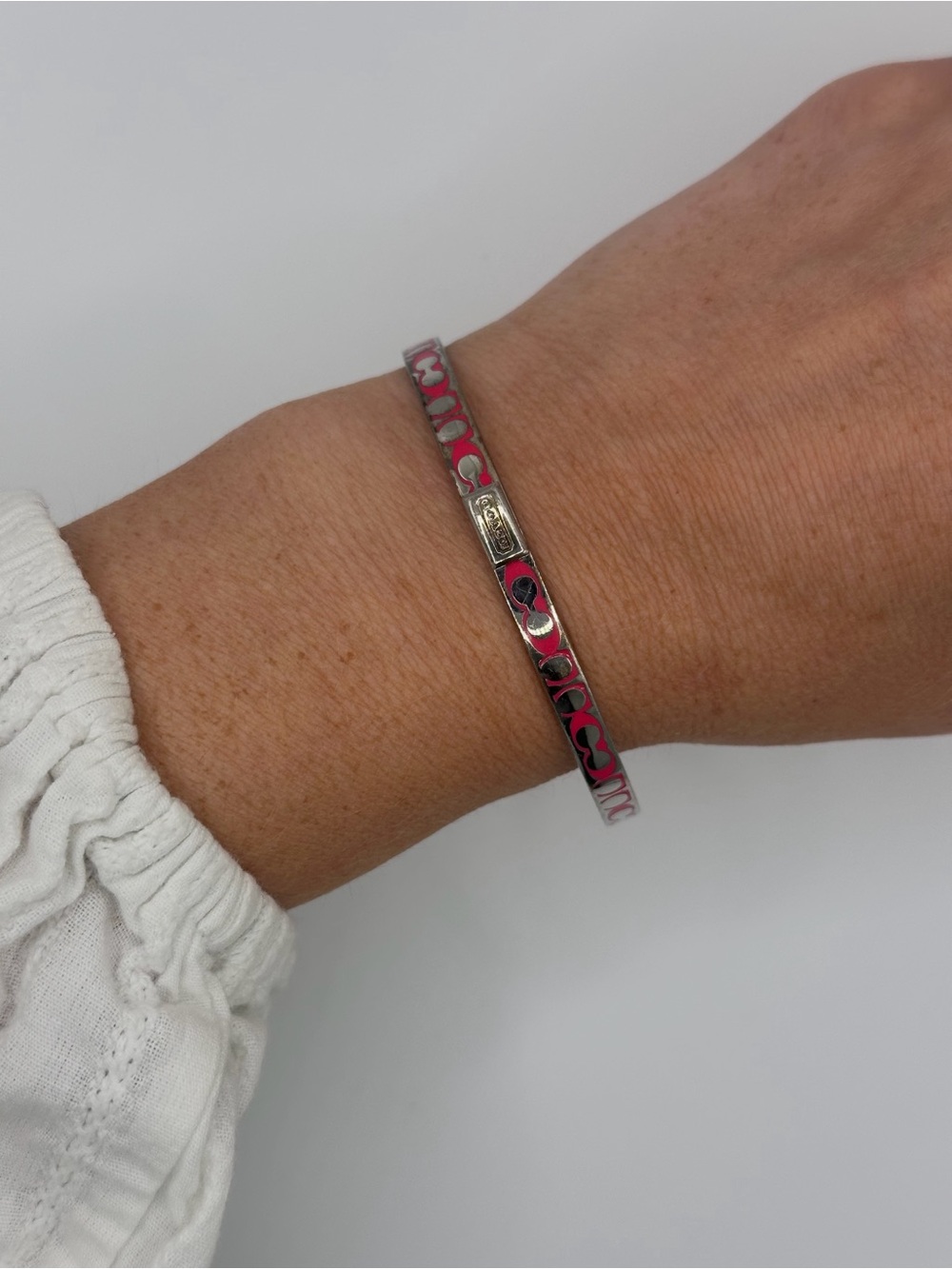 Coach Pink and Silver Signature CC Slim Bangle Bracelet Vintage Stacking - READ